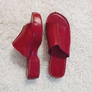 Swedish style genuine leather red platform clog mules sandals